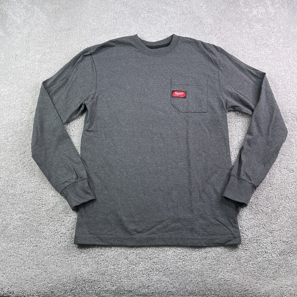 Milwaukee Tools Shirt Mens Small Grey Logo‎ Carpenter Pocket Tee Long Sleeve